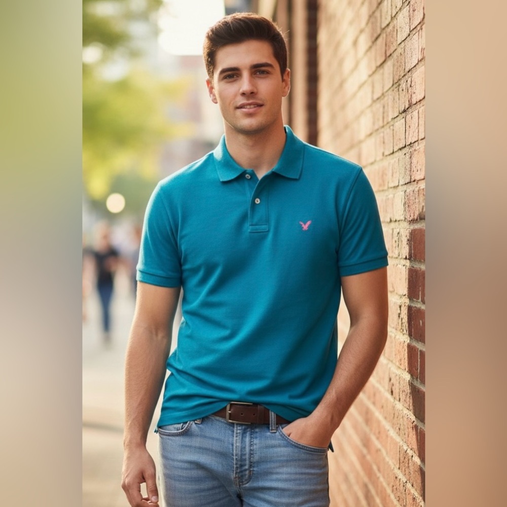 American Eagle blue short sleeved polo, logo, slits at sides, 100% cotton, Large